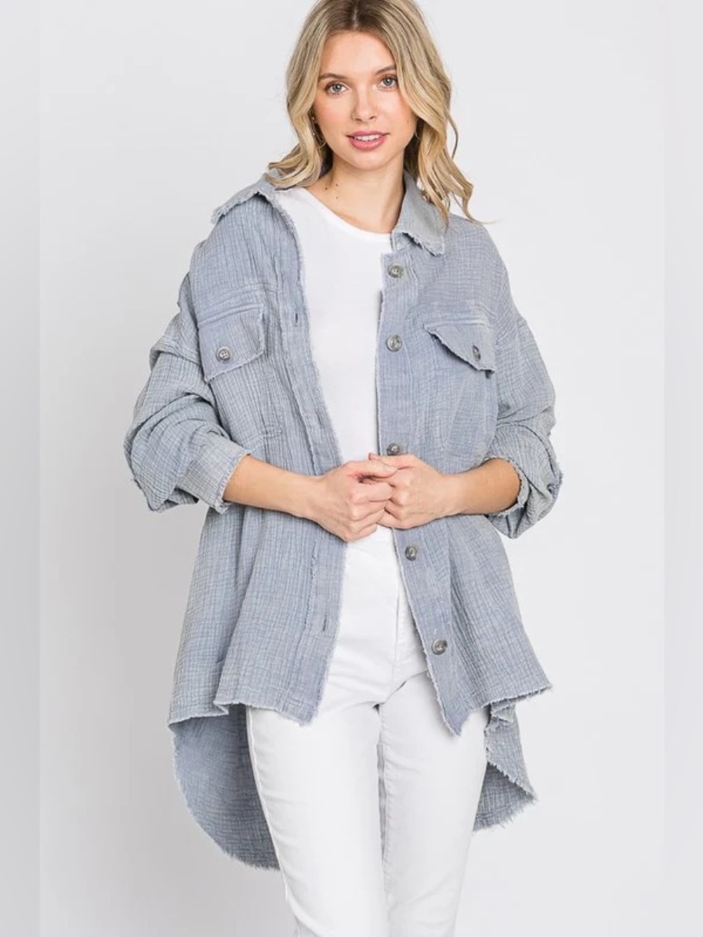Oli & Hali Evyn Solid Button Down Shacket Light Gray Blue Washed Double Gauze